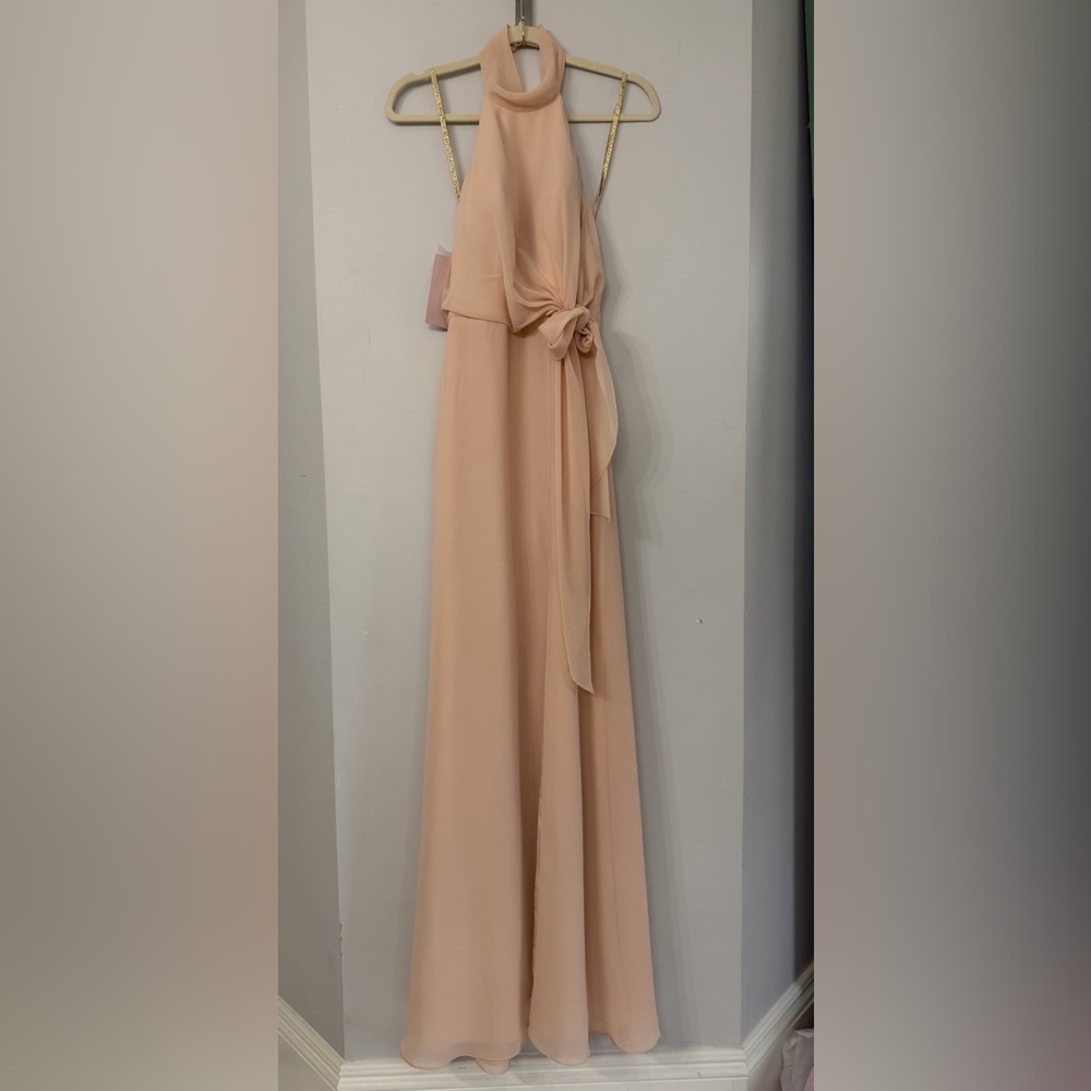 NEW Jenny Yoo Size 0 Women’s Blush Pink Beige Nude Chiffon Choker Formal Maxi